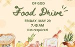 Hamer Church of God Food Drive flyer with food illustrations, event on Friday, May 29 at 7:45 AM, IDs required.