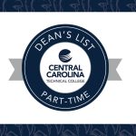A circular badge with "Dean's List Part-Time" and "Central Carolina Technical College" logo in the center, featuring a blue and gray color scheme.