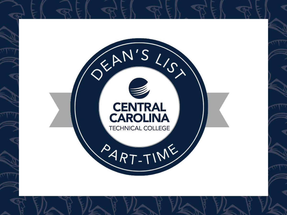 A circular badge with "Dean's List Part-Time" and "Central Carolina Technical College" logo in the center, featuring a blue and gray color scheme.