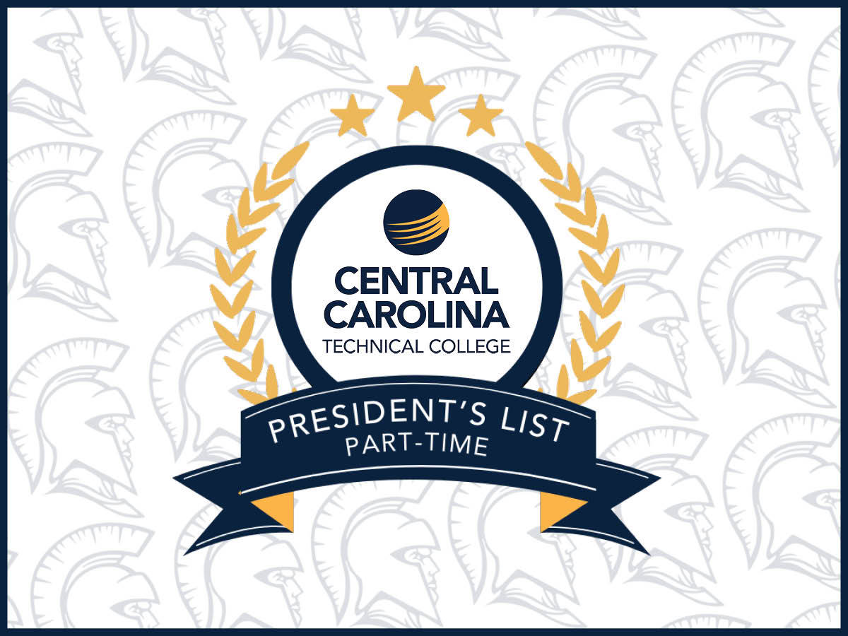 Central Carolina Technical College President’s List Part-Time badge with laurel wreath, stars, and blue ribbon.