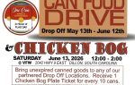 Can food drive and Chicken Bog event flyer with dates, drop off locations, donation details, and ticket information for Dillon, South Carolina.