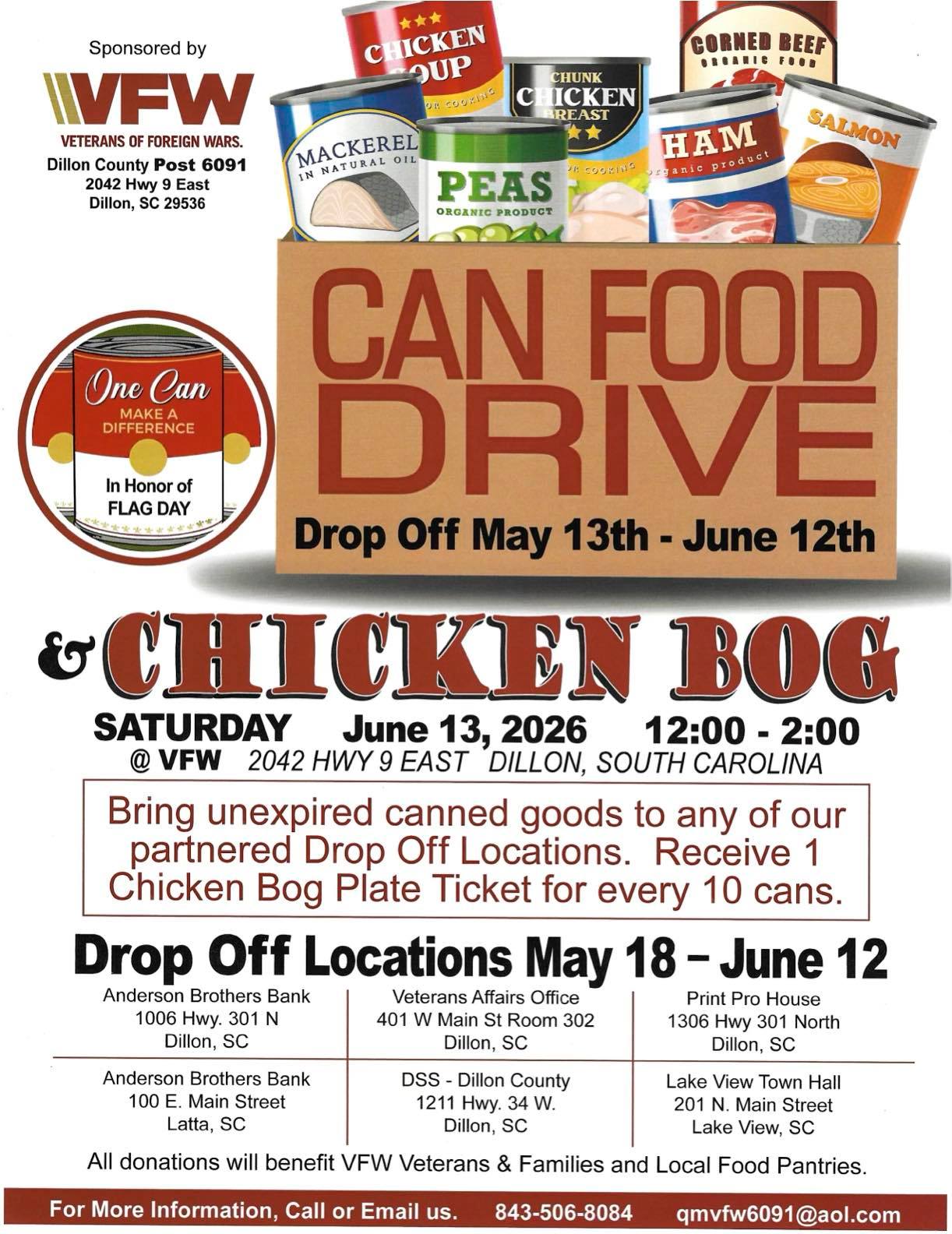 Can food drive and Chicken Bog event flyer with dates, drop off locations, donation details, and ticket information for Dillon, South Carolina.