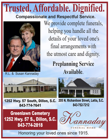 Funeral home advertisement with a couple’s portrait, service descriptions, two building photos, contact information, and addresses for locations in Dillon and Latta, South Carolina.