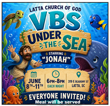 Colorful VBS Under the Sea poster featuring Jonah, sea animals, event dates June 8-11, 6-8pm, meal provided, at Latta Church of God, all are invited.