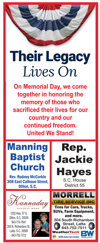 Patriotic Memorial Day tribute with American bunting, honoring fallen heroes. Includes messages from Manning Baptist Church, Rep. Jackie Hayes, Kannaday Funeral Home, and Morrell Tire Service.
