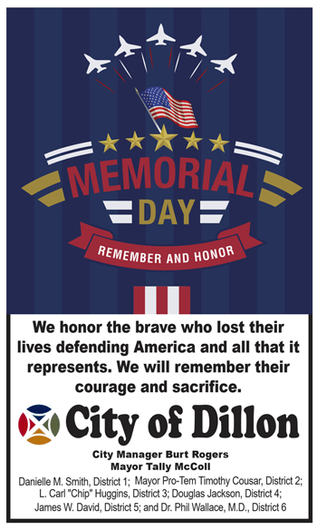 Memorial Day tribute with jets, stars, and flag, honoring fallen soldiers. Includes message from City of Dillon and names of city officials.
