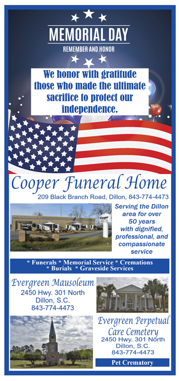 Memorial Day tribute with U.S. flag, honoring fallen heroes. Cooper Funeral Home services listed, including cremation, mausoleum, cemetery, and pet crematory in Dillon, South Carolina.