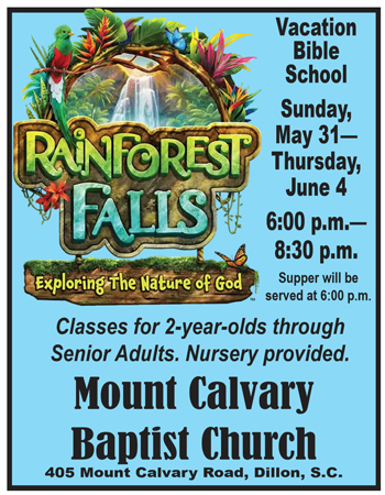 Rainforest Falls Vacation Bible School event flyer, dates May 31-June 4, 6:00-8:30 p.m., classes for all ages, Mount Calvary Baptist Church, nursery and supper provided.