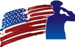 Silhouette of a person in uniform beside a brushstroke American flag background.