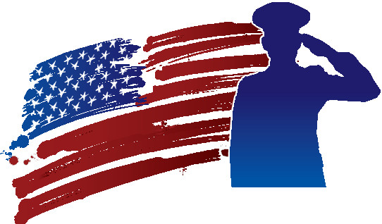 Silhouette of a person in uniform beside a brushstroke American flag background.