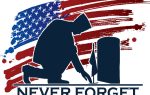 Silhouette of a person kneeling at a grave with an American flag background and the words "Never Forget" below.