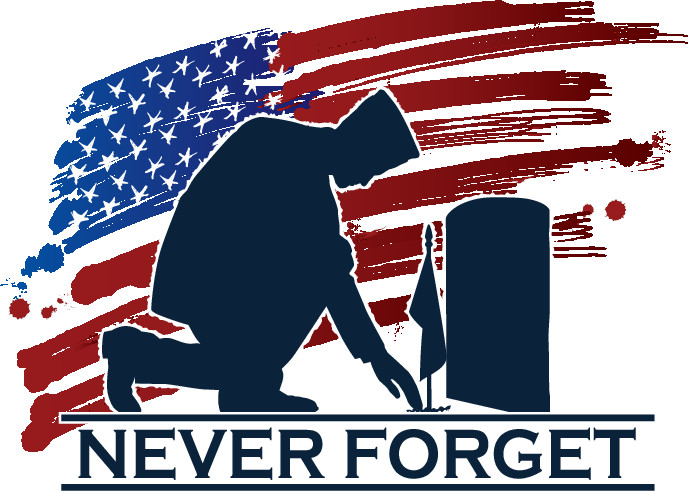 Silhouette of a person kneeling at a grave with an American flag background and the words "Never Forget" below.