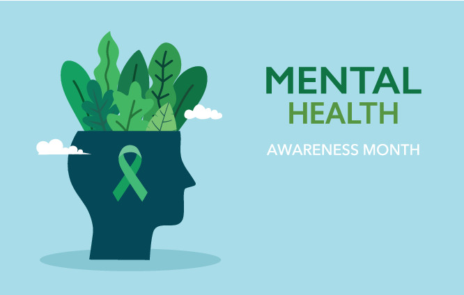 Silhouette of a head with green plants inside, green awareness ribbon, and text: Mental Health Awareness Month.