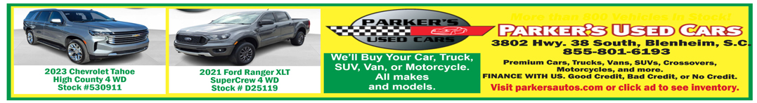 Banner ad for Parker’s Used Cars showing 2023 Chevrolet Tahoe and 2021 Ford Ranger, financing options, contact info, and buying all vehicle types.