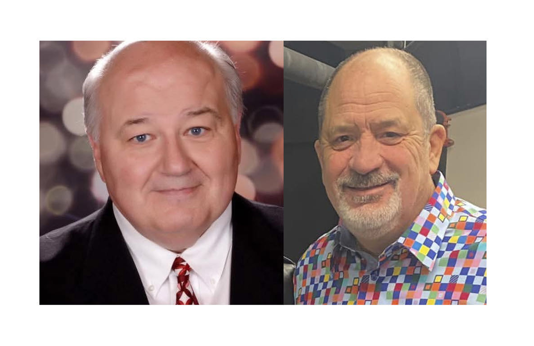 Two older men side by side; one in a suit and tie with a blurred background, the other in a colorful checkered shirt smiling indoors.