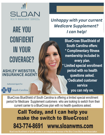 Insurance agent advertisement for BlueCross BlueShield Medicare, offering fitness benefits, customer service, and special enrollment help. Contact info and website for switching plans included.