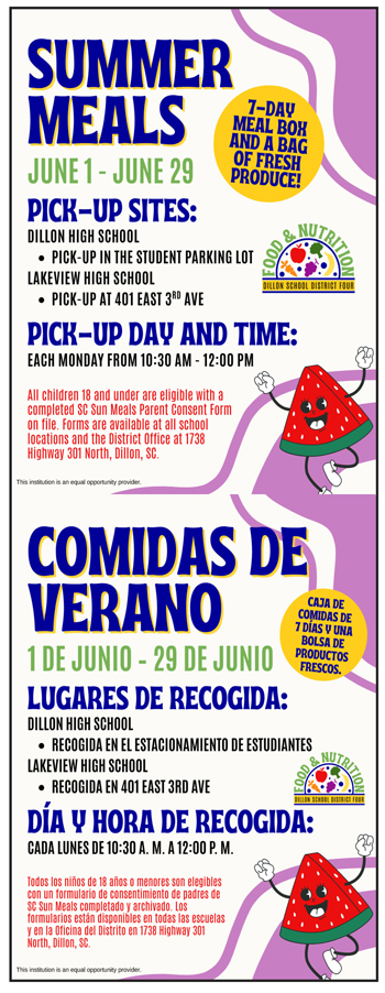 Summer Meals flyer with cartoon watermelon, dates June 1–29, pick-up details, and information in both English and Spanish. Meals for children 18 and under.