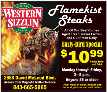 Western Sizzlin ad for flamekist steaks, early-bird special $10.99, Monday-Friday 2–5 p.m., for seniors 55 or older, with steak image and restaurant details.