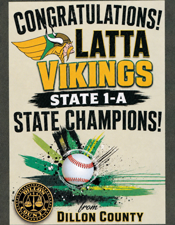 Poster congratulating Latta Vikings as State 1-A Champions, featuring a baseball and team logo in green, yellow, and black colors.