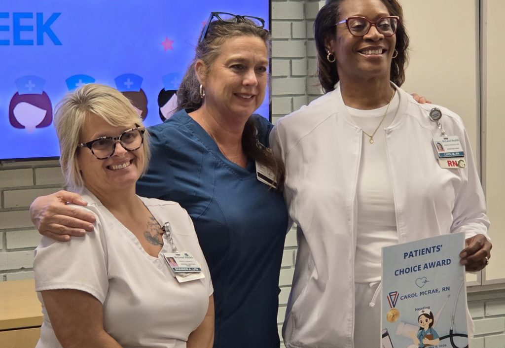 Three nurses smiling, one holding a “Patients’ Choice Award” certificate. Background includes “Nurses Week” text and illustrated nurse faces.