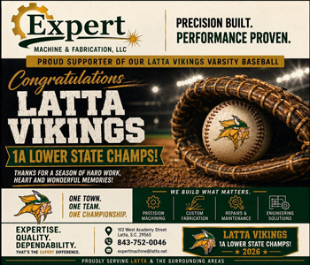 Congratulations Latta Vikings, 2023 Lower State Champs! Baseball glove with ball, Latta Vikings logo, and business advertisement for Expert Machine & Fabrication, LLC.