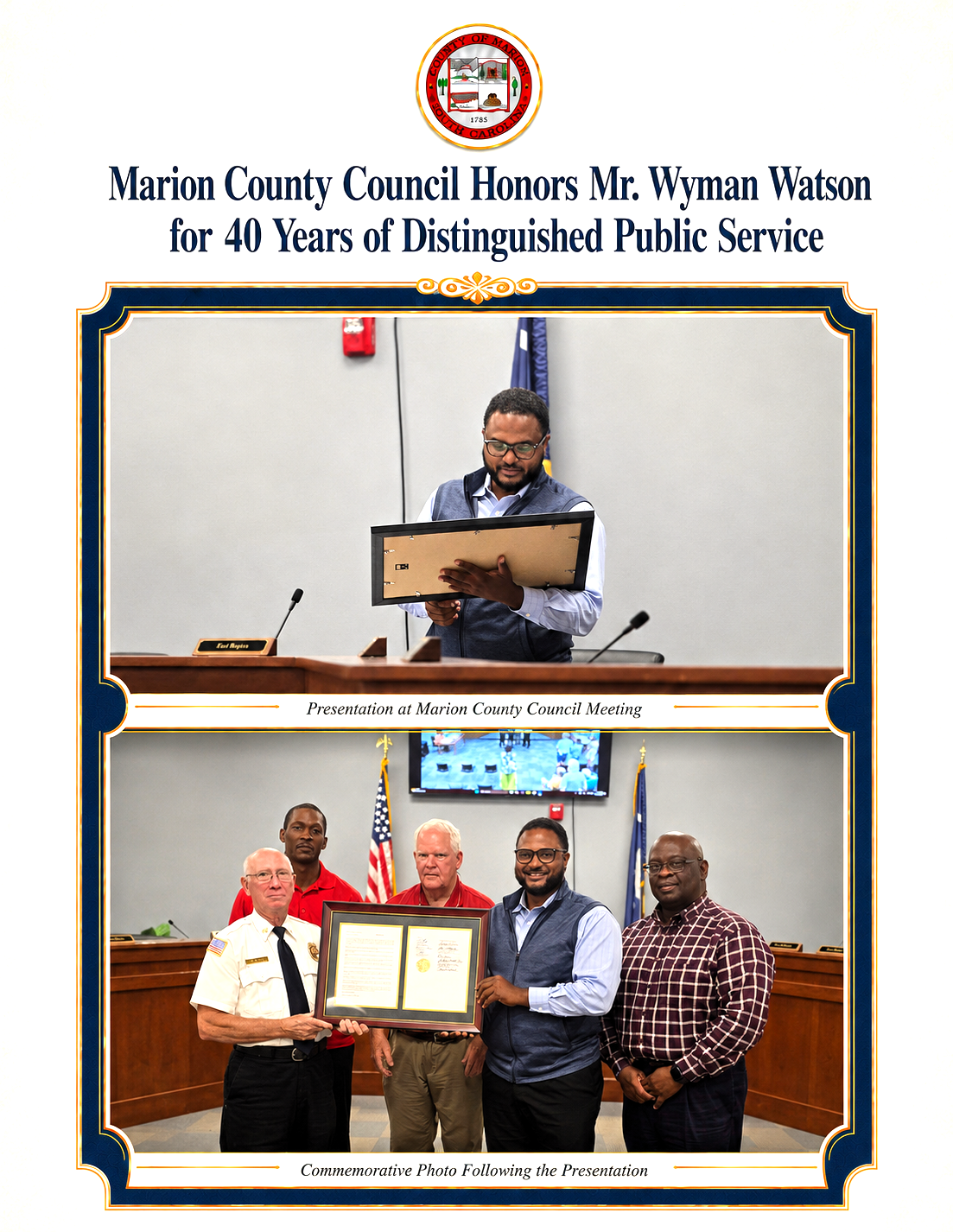 Marion County Council presents an award to Mr. Wyran Watson for 40 years of public service; group photo with framed certificates.