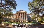 The College of Charleston’s main building with large columns, surrounded by oak trees, text reads "College of Charleston’s President’s List" at the bottom.