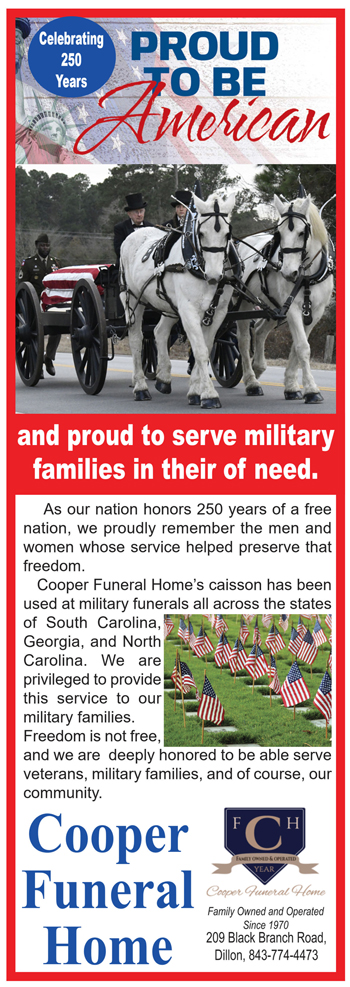 Funeral home advertisement featuring horses, American flags, and patriotic messages, honoring military families and service members, celebrating 250 years of being "Proud to be American."