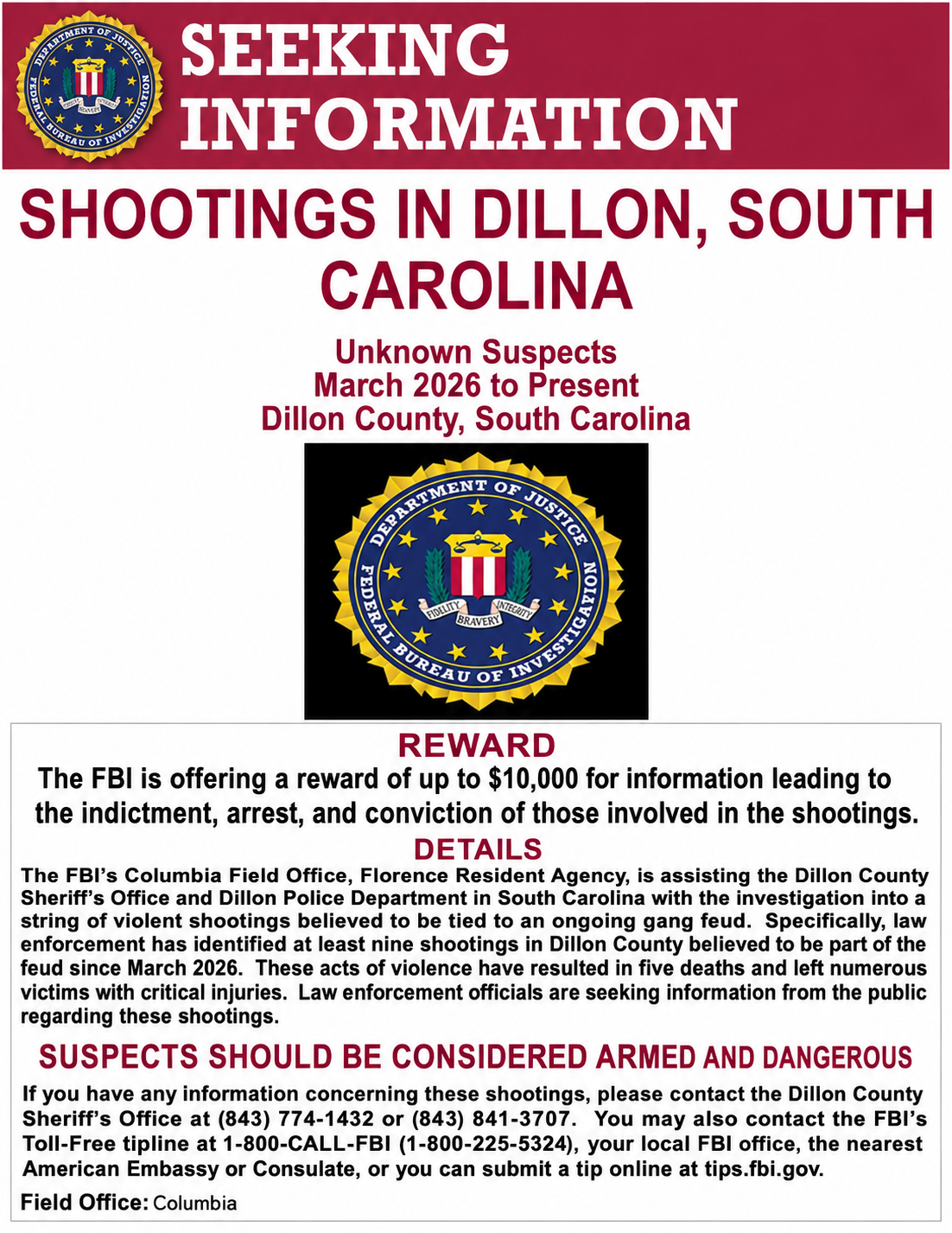 FBI poster seeking information on shootings in Dillon, South Carolina, offering a reward for tips about unknown suspects; suspects considered armed and dangerous.