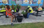 People wearing safety vests sit on benches and plant flowers in pots on a paved area near a colorful mural.