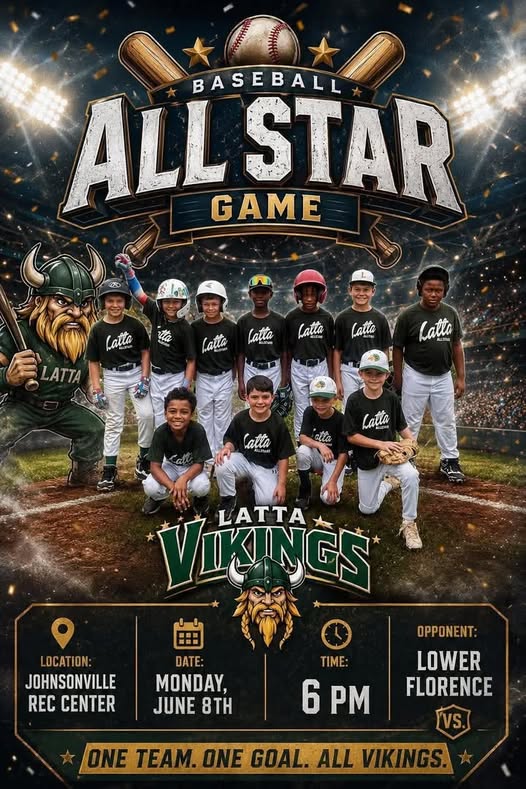 A youth baseball team poses on a field for an All Star Game poster, featuring "Latta Vikings" logo and a Viking mascot, with a stadium crowd in the background.