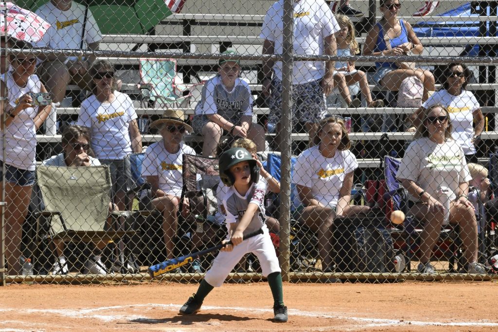 A young baseball player stands ready to bat at home plate, with spectators watching from the bleachers behind a chain-link fence on a sunny day.
