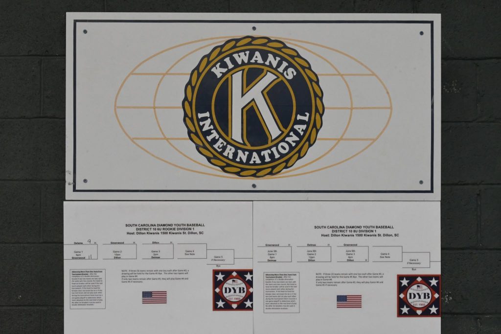 Kiwanis International logo centered above a detailed information board with text, diagrams, and small American flag icons.