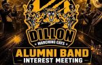 Dillon High School Alumni Band Interest Meeting poster with marching band, mascot, and event details for July 16, 2026, in black and gold colors.