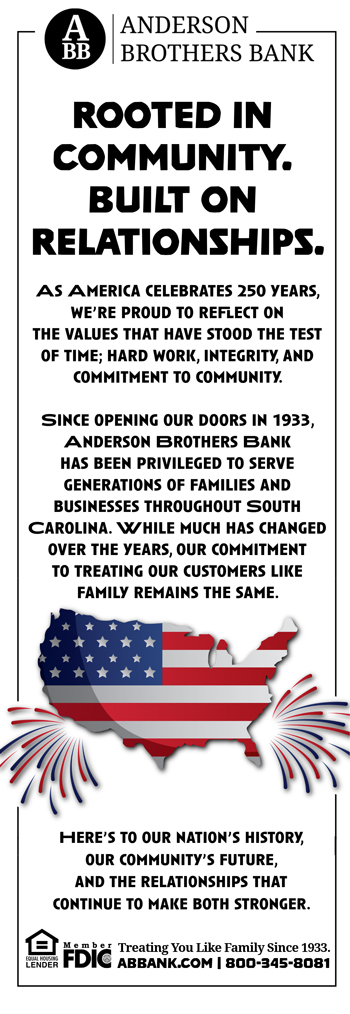 Anderson Brothers Bank ad celebrating 250 years of America, focusing on community, values, and relationships, with an American flag map illustration and contact information at the bottom.