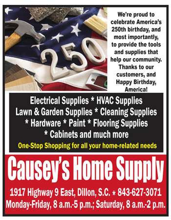 Causey's Home Supply ad with American flag, tools, and "250"; highlights supplies offered and store information, celebrating America's 250th birthday.