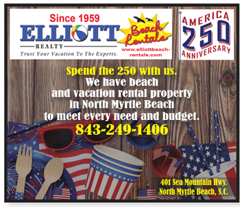 Elliott Beach Rentals advertisement for vacation rentals in North Myrtle Beach, featuring patriotic decorations, contact number, and address, celebrating America's 250th anniversary.