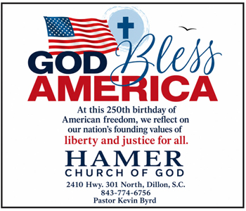 Text reads: "God Bless America" with a US flag and a cross. Message honors 250th birthday of American freedom. Hamer Church of God contact information is shown.
