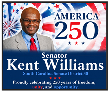 Senator Kent Williams smiles in front of patriotic decorations, celebrating America's 250th anniversary and representing South Carolina Senate District 30.