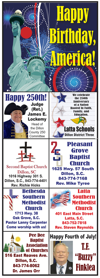 A colorful Fourth of July poster with Statue of Liberty, fireworks, birthday wishes for America, church ads, a judge's photo, and congratulatory messages for the nation's 250th anniversary.