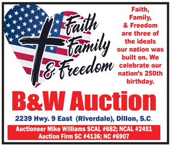 Heart with American flag, cross, and text promoting faith, family, and freedom for a B&W Auction in Dillon, SC, celebrating the nation's 250th birthday.