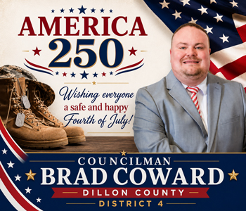 Councilman Brad Coward’s Fourth of July greeting, featuring American flag, boots, and patriotic colors, celebrating America 250 and wishing a safe and happy holiday.