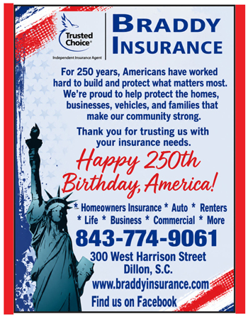 Braddy Insurance ad with Statue of Liberty, celebrating America's 250th birthday, offering various insurance services, contact number, address, and website listed, with patriotic colors.