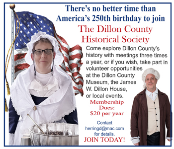 Two people in period costumes stand in front of an American flag, promoting the Dillon County Historical Society and encouraging joining for America’s 250th birthday.
