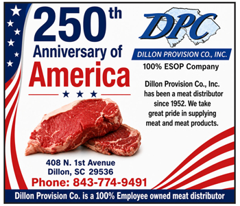 featuring two raw steaks, American flag accents, and text celebrating America’s 250th anniversary by Dillon Provision Co., a meat distributor in Dillon, SC.