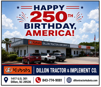 Happy 250th Birthday, America! Dillon Tractor & Implement Co. dealership building with cars parked in front, company logo, contact info, and American flag visible.