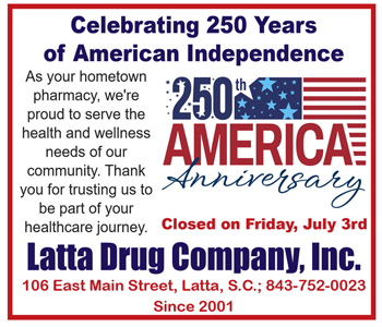 Celebrating 250 years of American independence, Latta Drug Company announcement, closed July 3rd, contact details, serving health and wellness needs since 2001.
