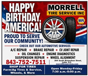 Morrell Tire Service Inc. advertisement featuring tire images, automotive repair services, phone number, and hours. Patriotic theme with "Happy Birthday, America!" and community service message.