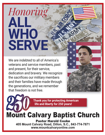 Poster honoring veterans with American flag, dog tags, and a soldier; text expresses gratitude to service members from Mount Calvary Baptist Church for 250 years of American liberty.