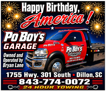 Red tow truck with Po Boy's Garage logo, fireworks, birthday message for America, contact details, address in Dillon, SC, and "24 hour towing" highlighted at the bottom.